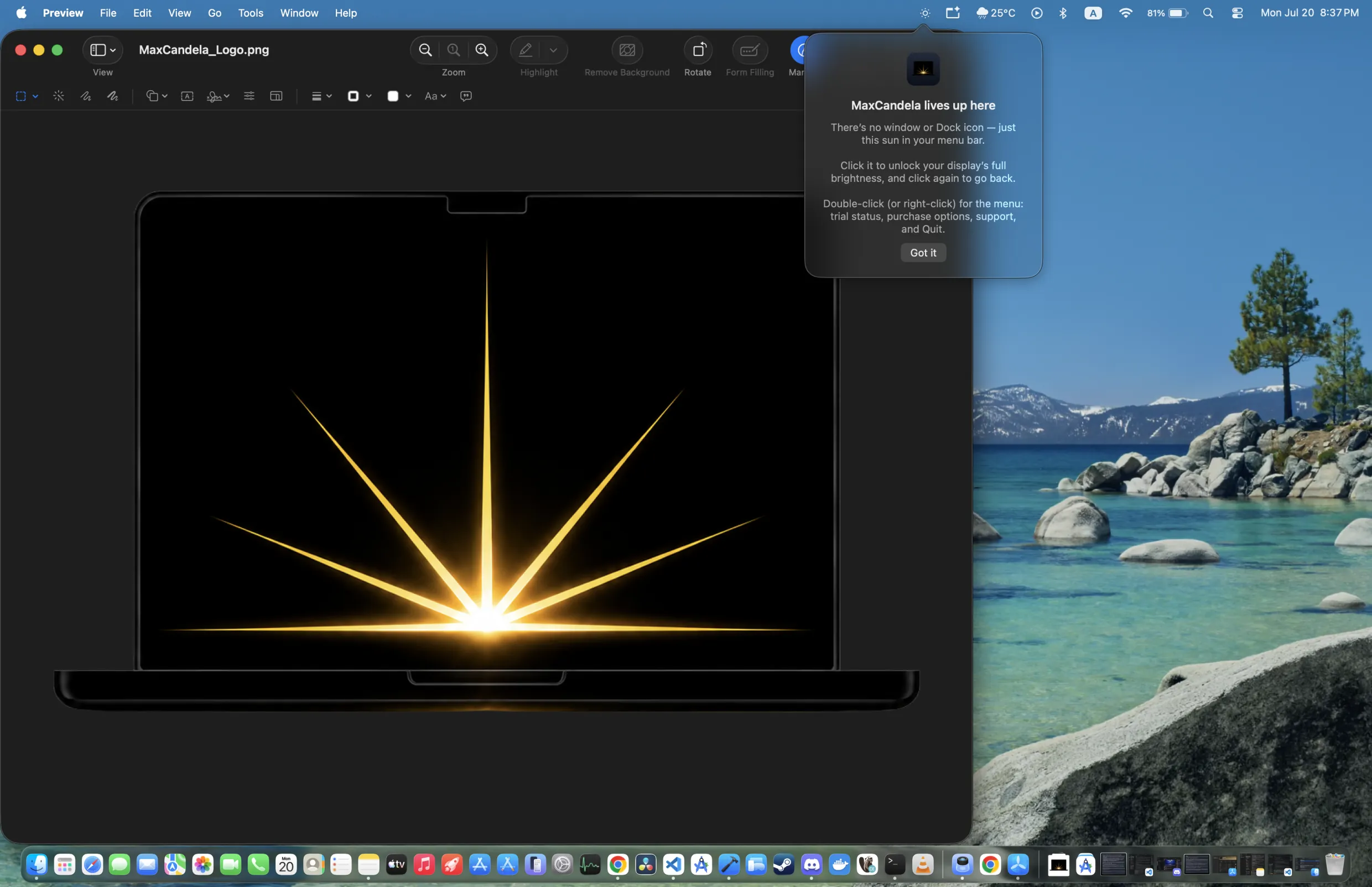 MacBook Pro XDR display at the macOS brightness cap next to the same desktop unlocked to full brightness by MaxCandela